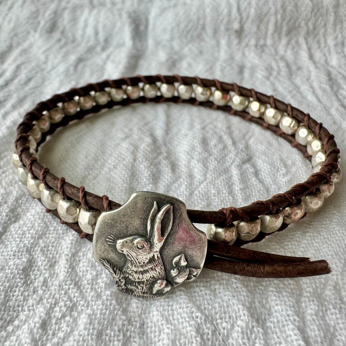 Leather Wrap Bracelet with Faceted Silver Beads & Vintage Silver Rabbit Button