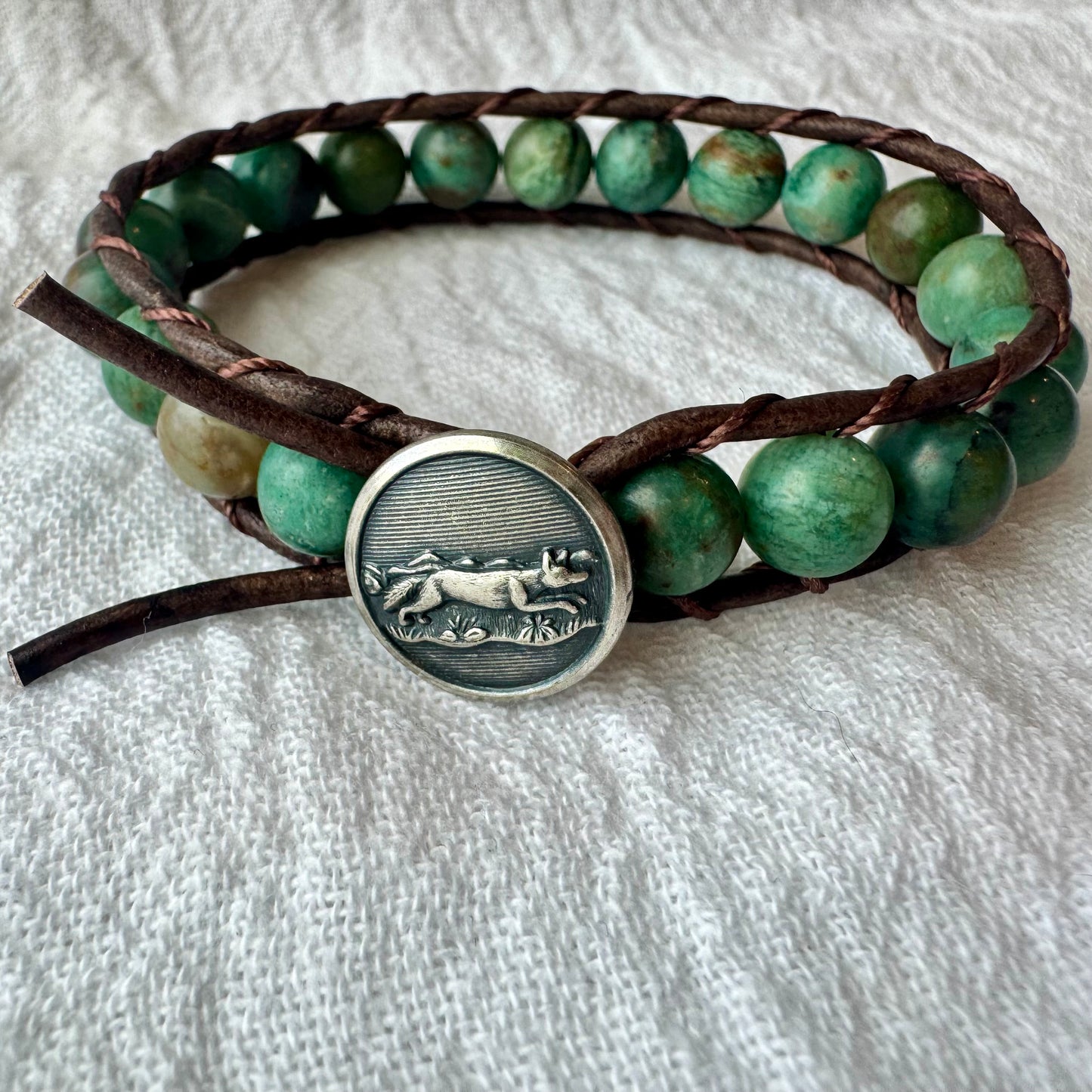 Leather Wrap Bracelet with African Jade & Vintage Silver Fox Button
