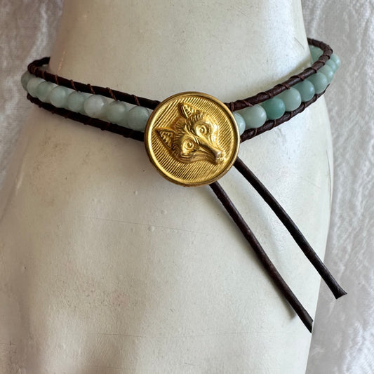 Leather Wrap Bracelet with Amazonite & Brass Fox Button