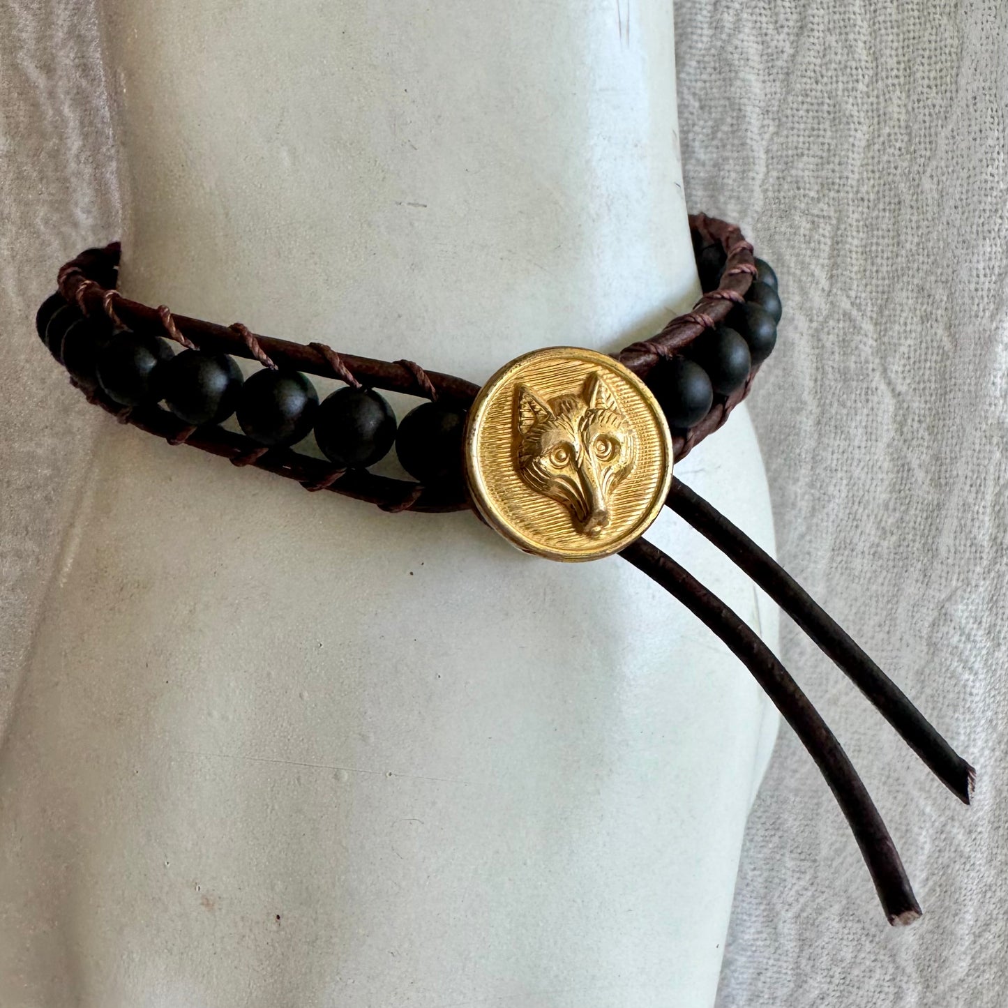 Leather Wrap Bracelet with Matte Black Onyx & Brass Fox Button