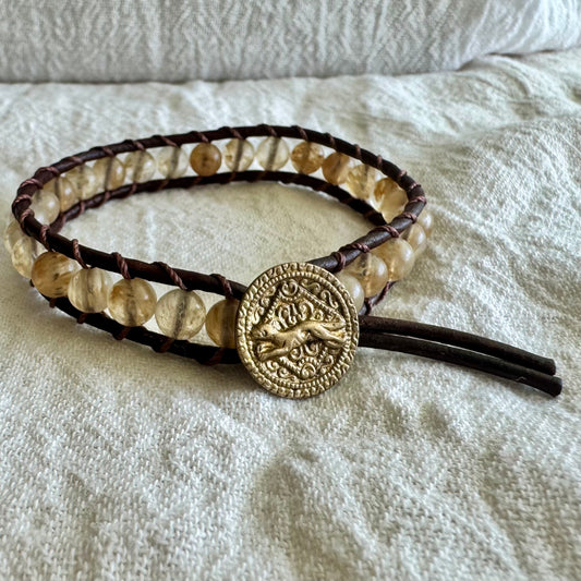 Leather Wrap Bracelet with Golden Quartz & Brass Running Hound