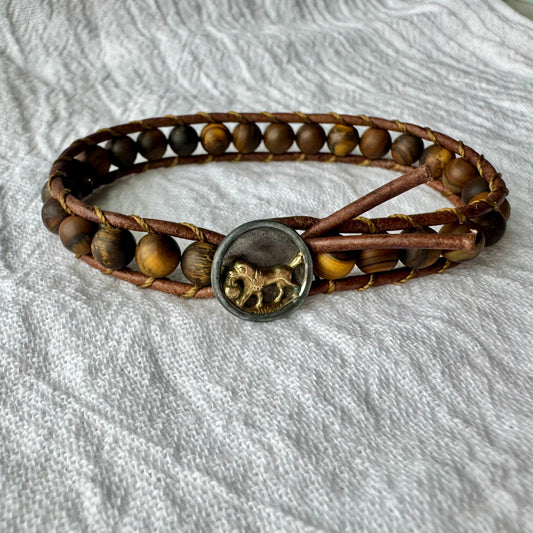 Leather Wrap Bracelet with Matte Tigers Eye & Vintage Silver & Brass Retriever Button