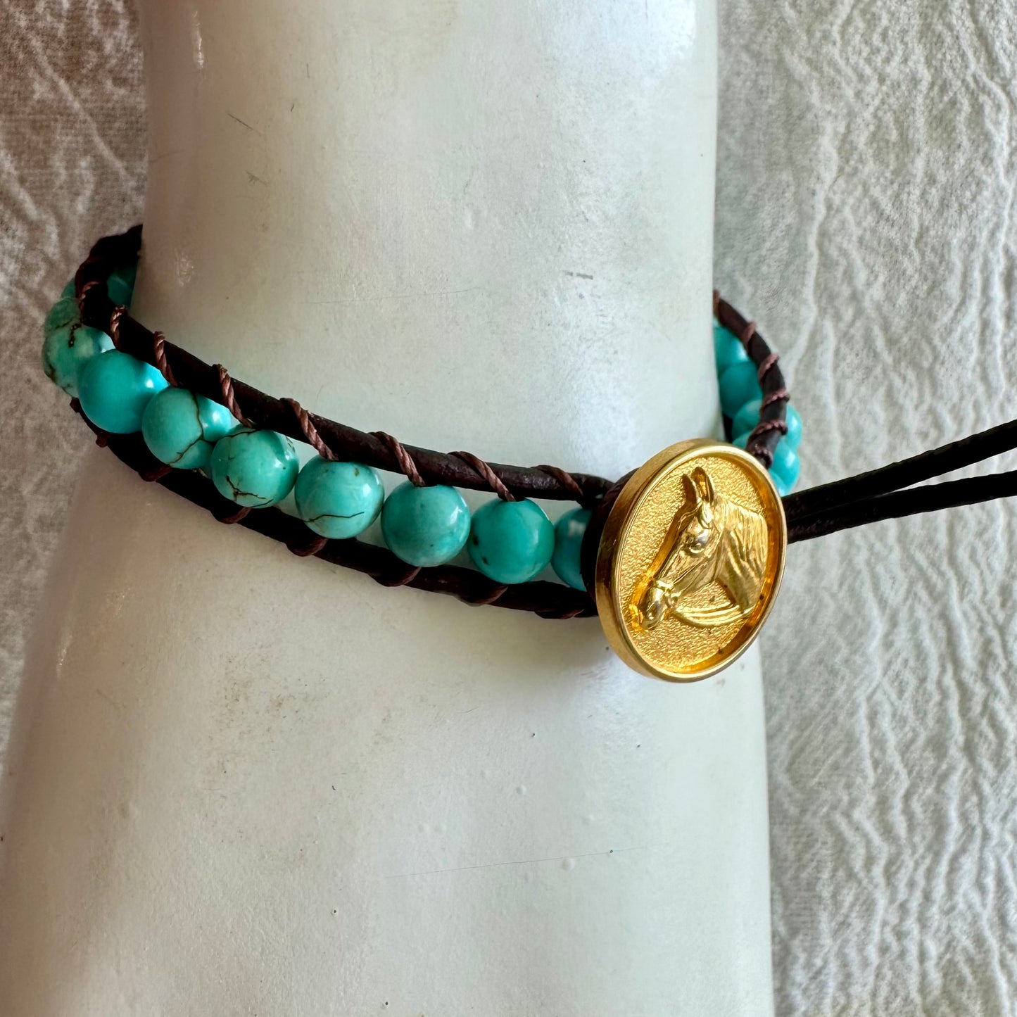Leather Wrap Bracelet with Turquoise & Brass Horse Head Button