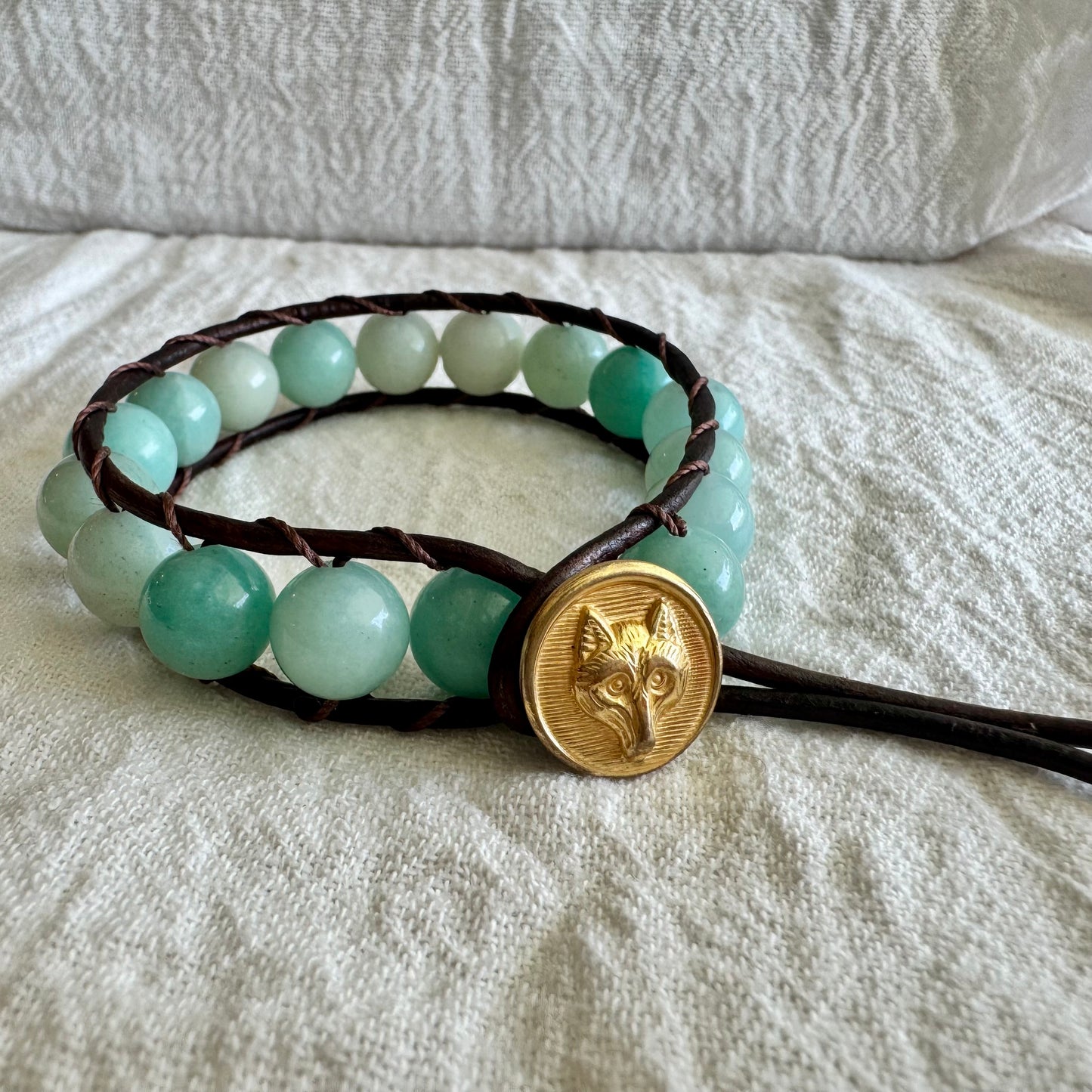 Leather Wrap Bracelet with Amazonite & Brass Fox Button
