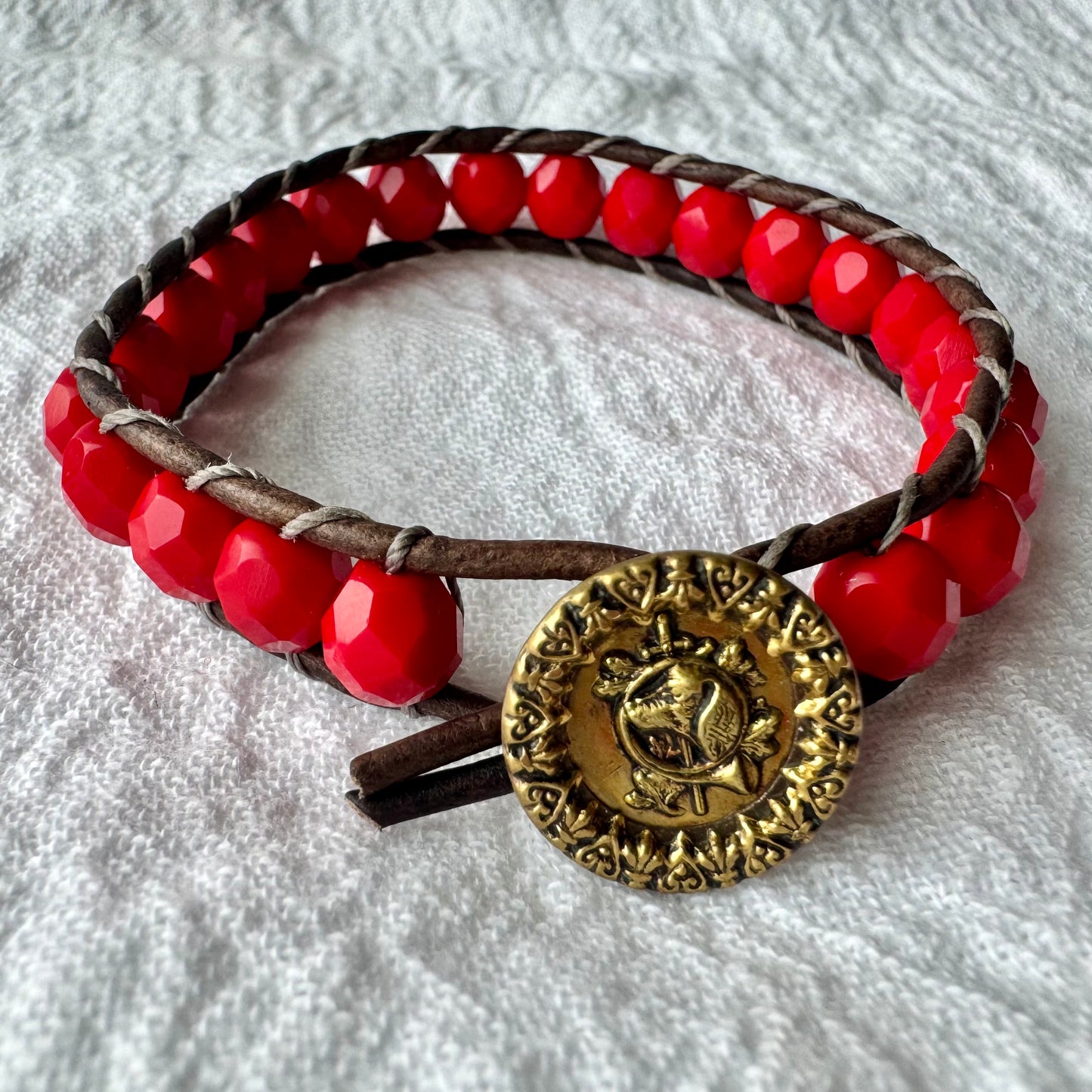 Leather Wrap Bracelet with Faceted Crimson Crystals & Vintage Brass Hound & Horn Button