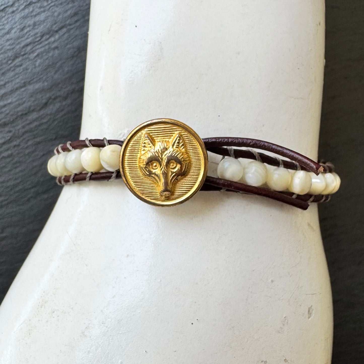 Leather Wrap Bracelet with Brass Fox Mask Button