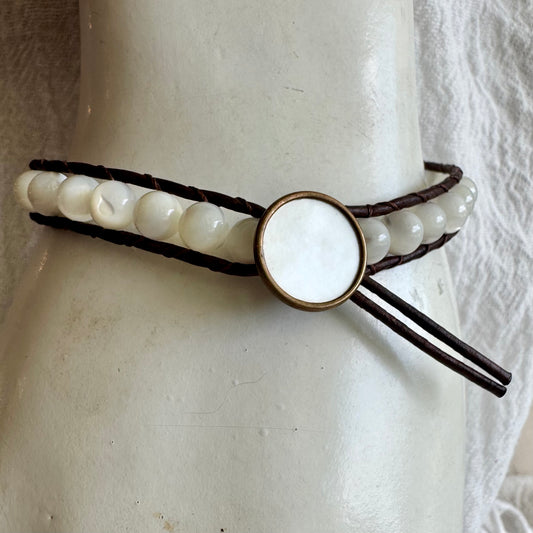 Leather Wrap Bracelet with Mother of Pearl & Pearl Button