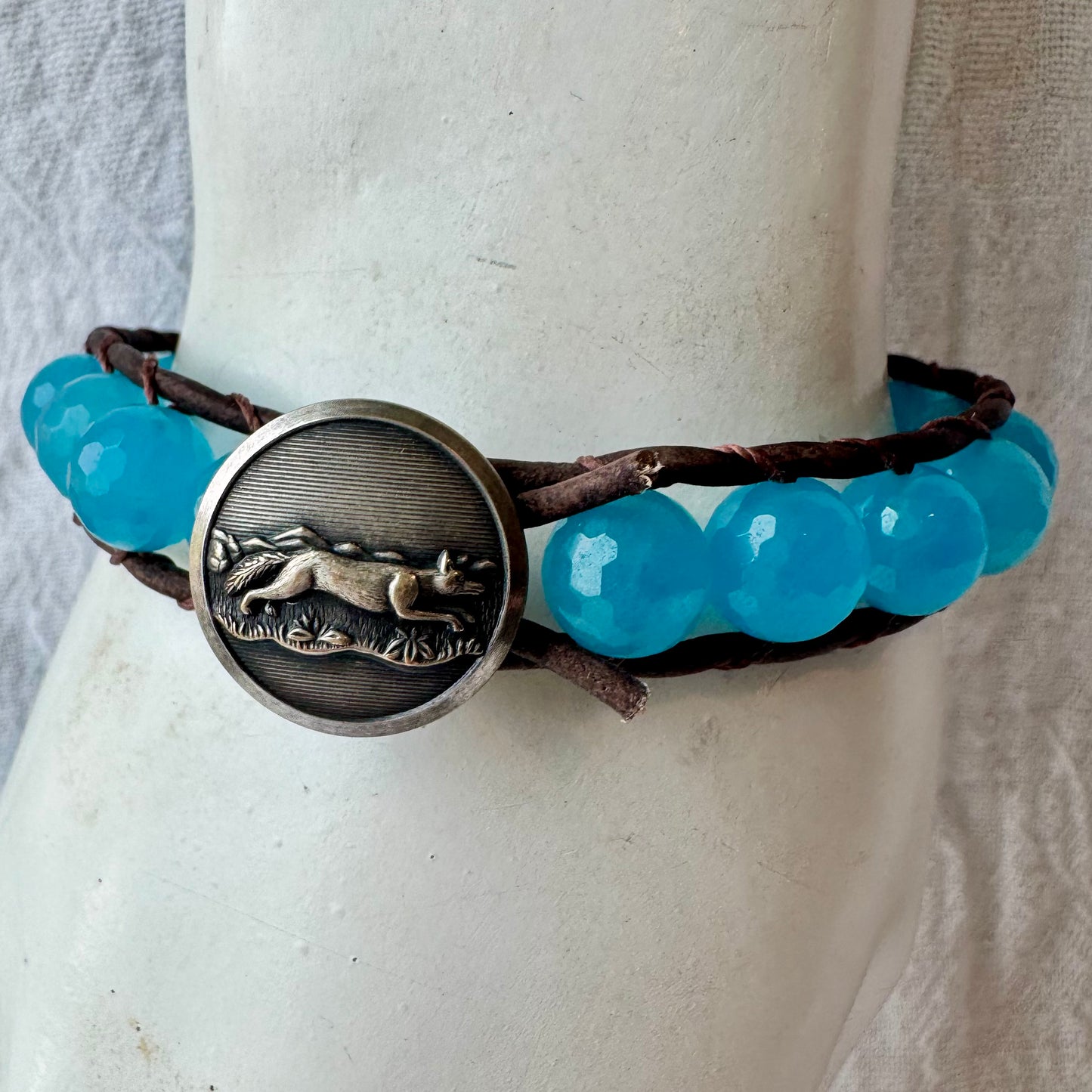 Leather Wrap Bracelet with Faceted Blue Chalcedony & Vintage Silver Fox Button