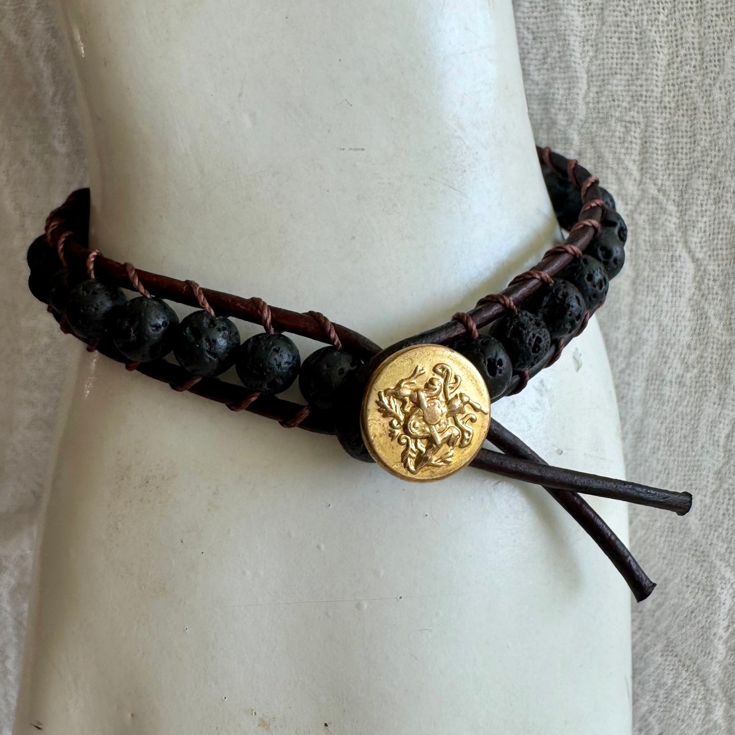 Leather Wrap Bracelet with Lava Rock & Brass Livery Button
