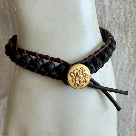 Leather Wrap Bracelet with Lava Rock & Brass Livery Button