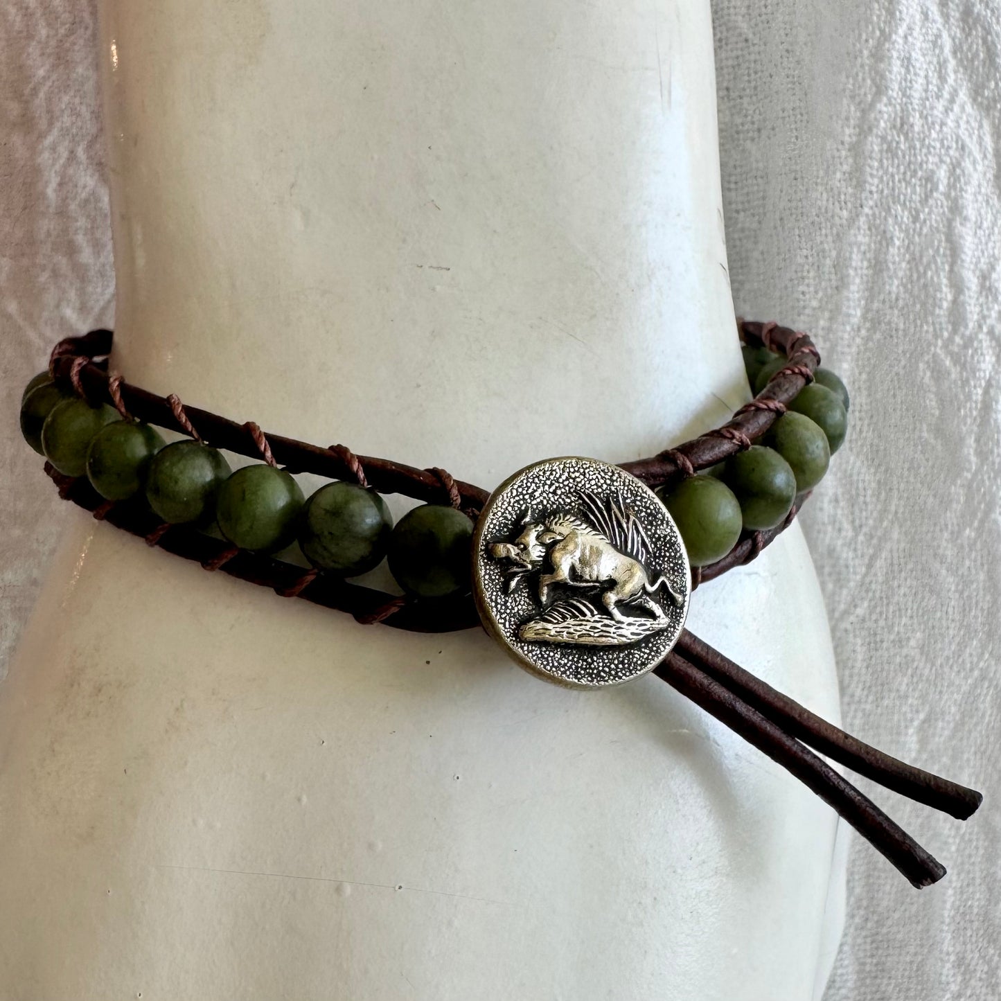 Leather Wrap Bracelet with Natural Jade & Silver Boar