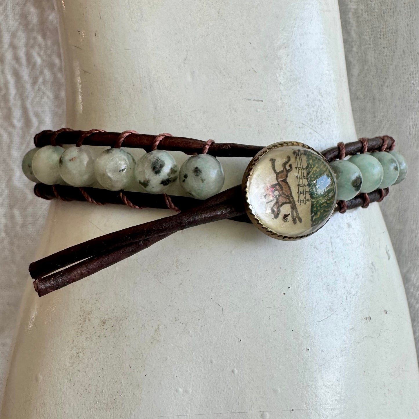 Leather Wrap Bracelet with Amazonite & Crystal Jumping Horse Button