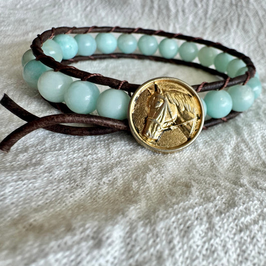 Leather Wrap Bracelet with Amazonite & Brass Horse Head Button