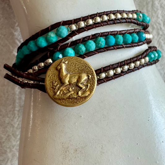 Leather Triple Wrap Bracelet with Turquoise & Brass Deer Button