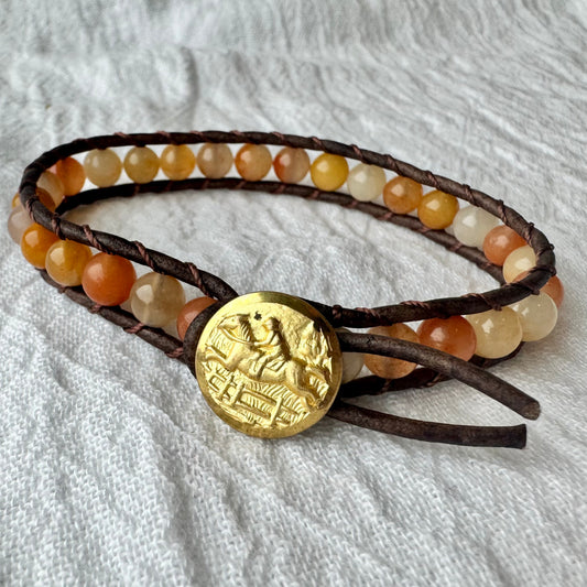 Leather Wrap Bracelet with Golden Jade & Vintage Brass Jumping Horse Button
