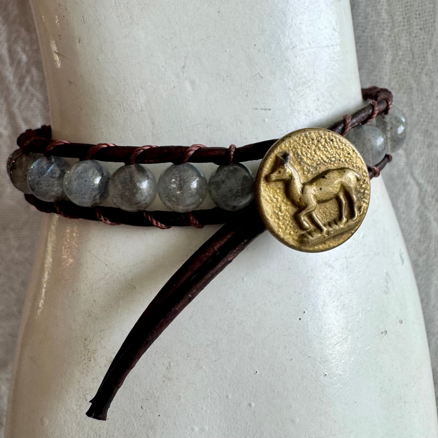 Leather Wrap Bracelet with Labradorite & Brass Dear