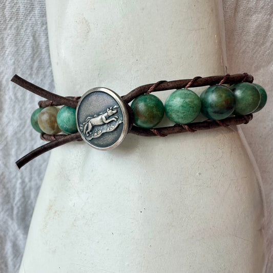 Leather Wrap Bracelet with African Jade & Vintage Silver Fox Button