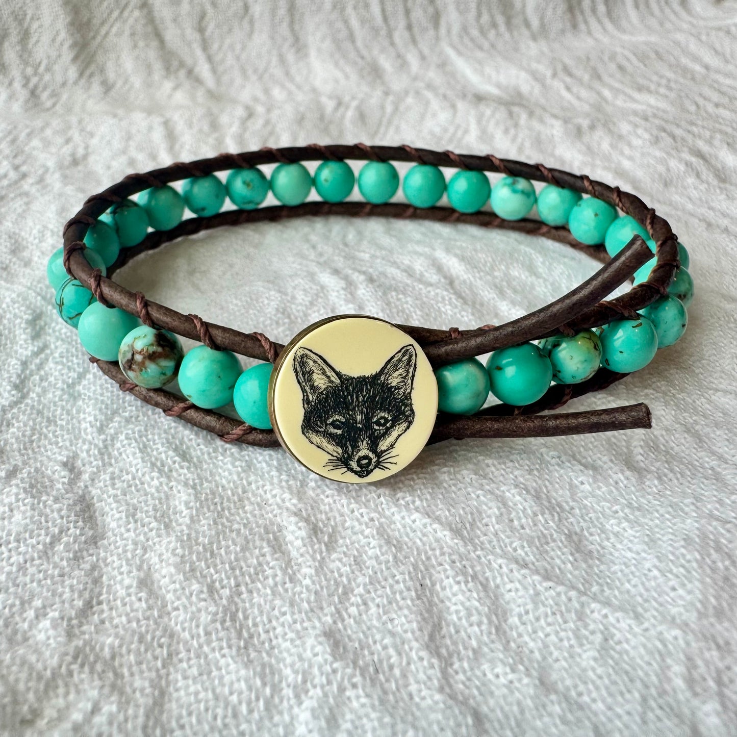 Leather Wrap Bracelet with Turquoise & Vintage Scrimshaw Fox Button