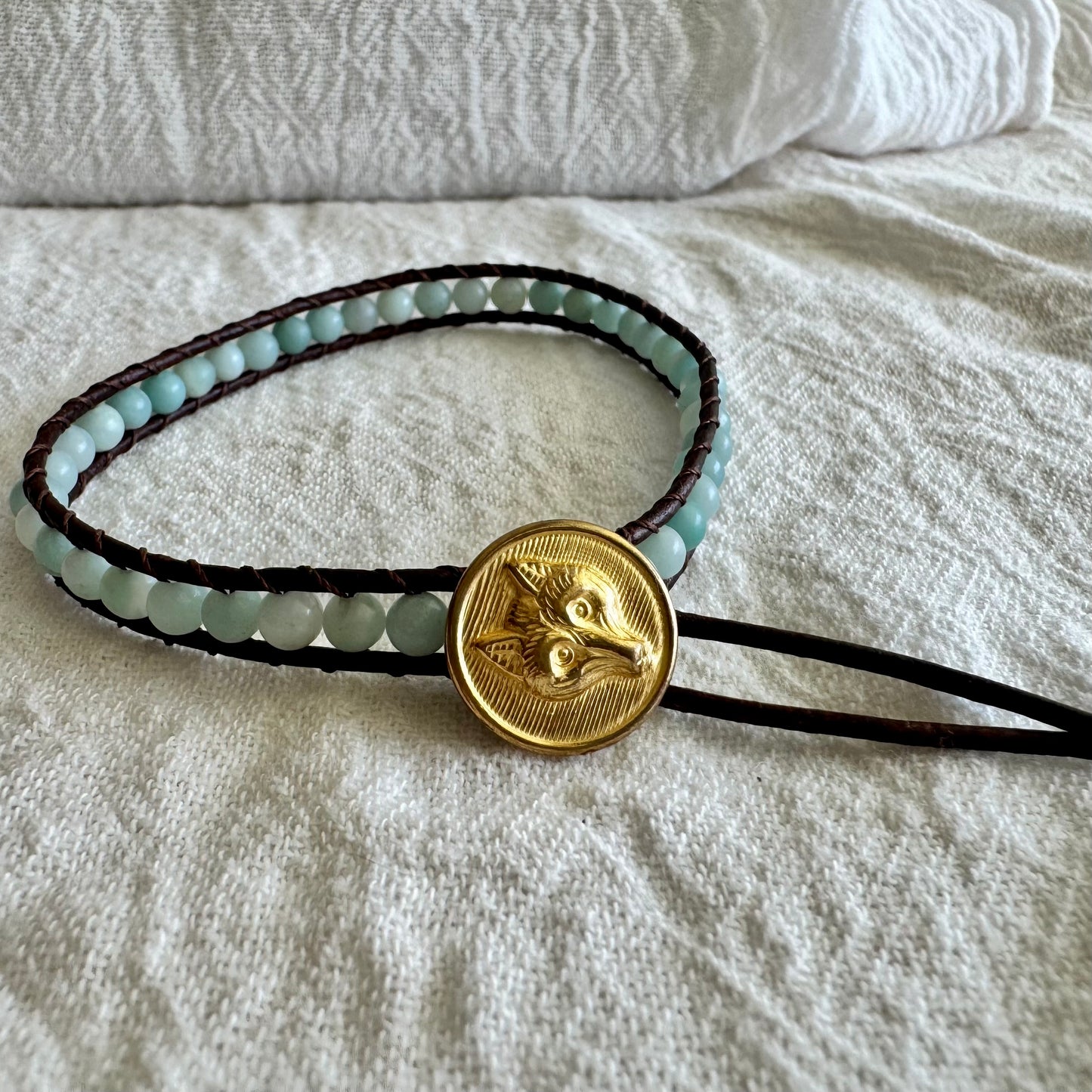 Leather Wrap Bracelet with Amazonite & Brass Fox Button
