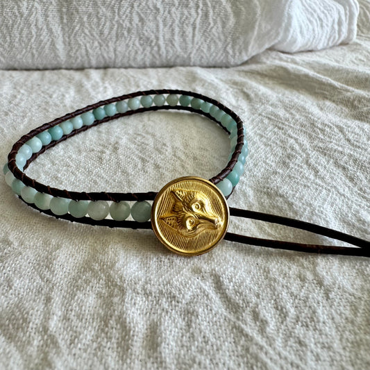 Leather Wrap Bracelet with Amazonite & Brass Fox Button