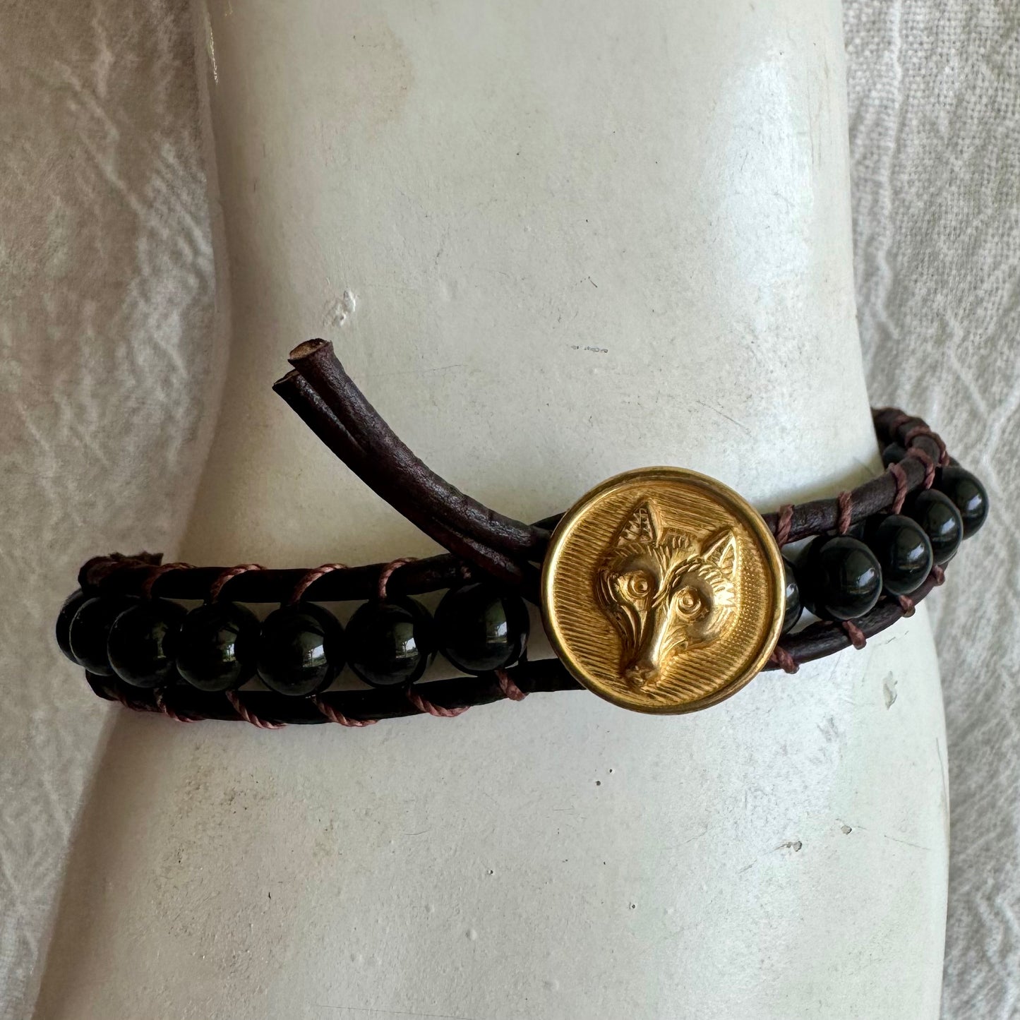 Leather Wrap Bracelet with Black Onyx & Brass Fox Head Button