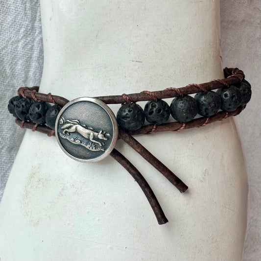 Leather Wrap Bracelet with Lava Rock & Vintage Silver Fox Button