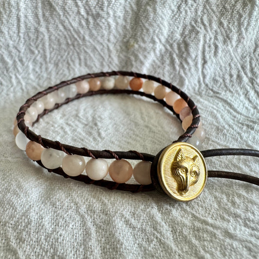 Leather Wrap Bracelet with Peach Moonstone & Brass Fox Head Button