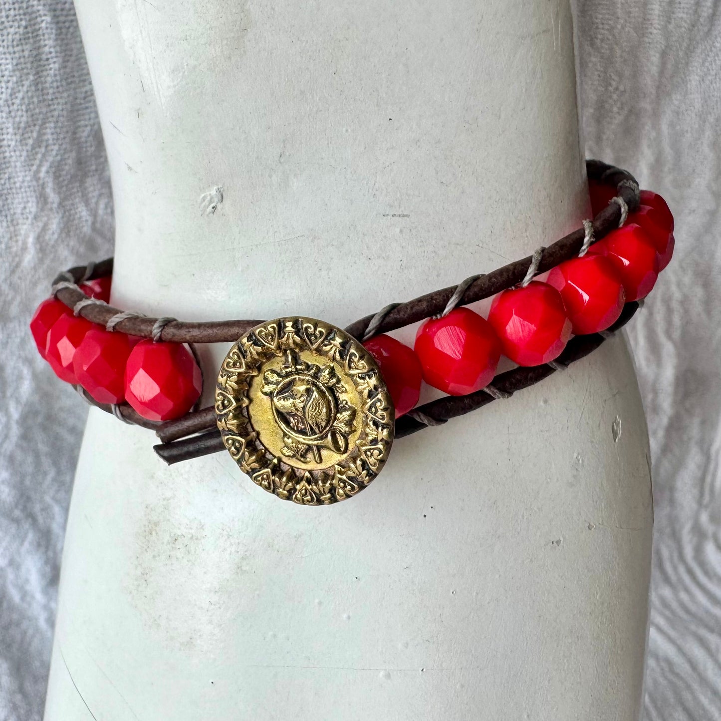 Leather Wrap Bracelet with Faceted Crimson Crystals & Vintage Brass Hound & Horn Button