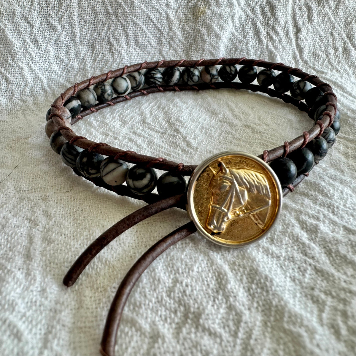 Leather Wrap Bracelet with Picasso Jasper & Brass Horse Head Button