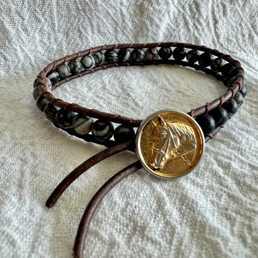 Leather Wrap Bracelet with Picasso Jasper & Brass Horse Head Button