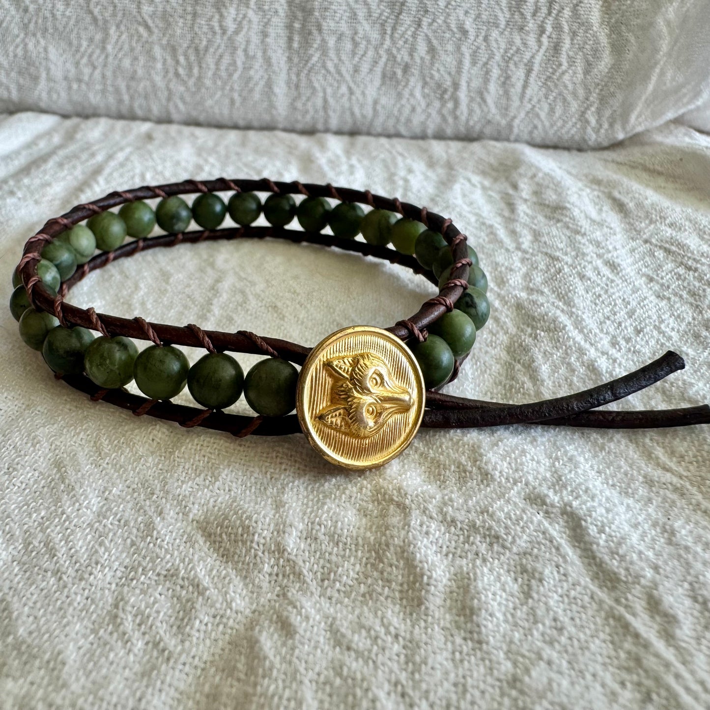Leather Wrap Bracelet with Natural Jade & Brass Fox Button