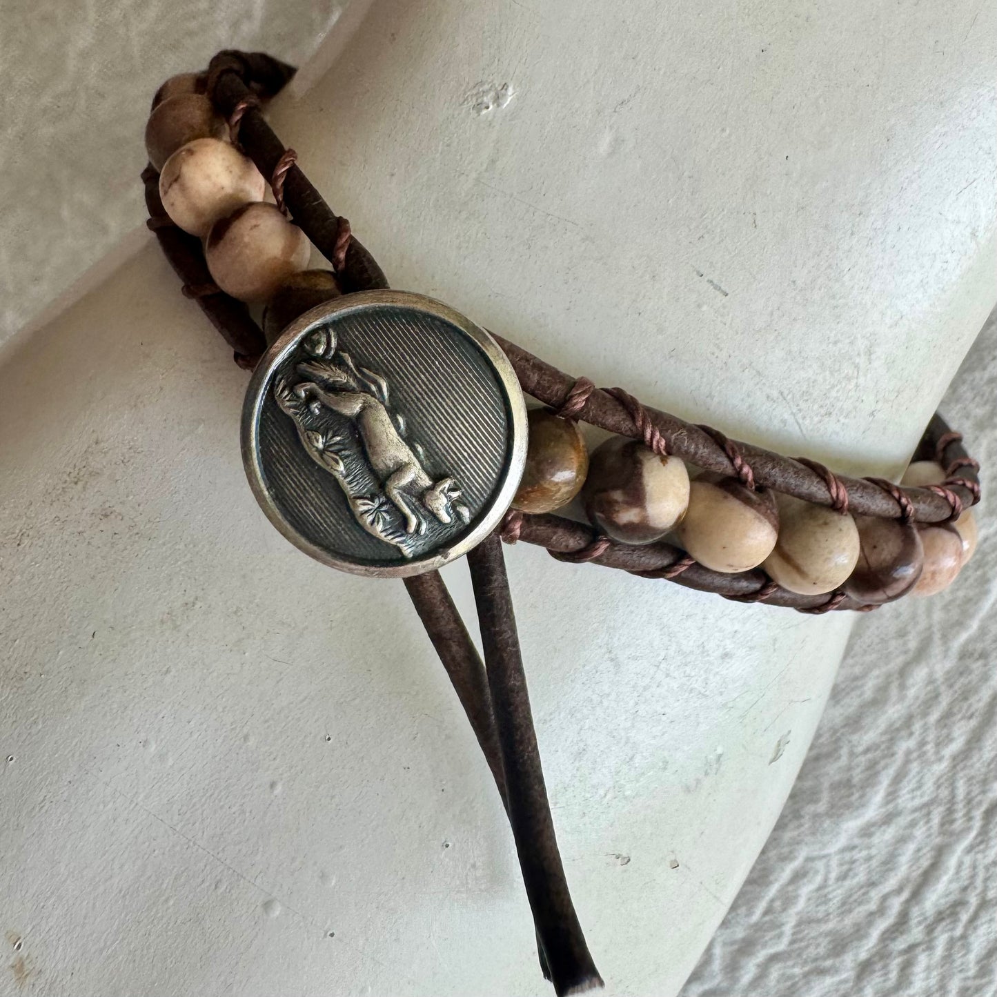 Leather Wrap Bracelet with Wild Horse Jasper & Silver Running Fox Button