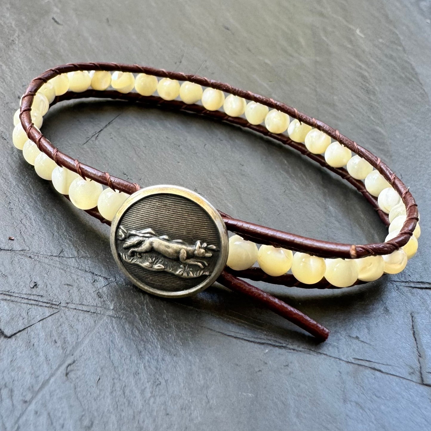 Leather Wrap Bracelet with Mother of Pearl & Silver Jumping Fox button