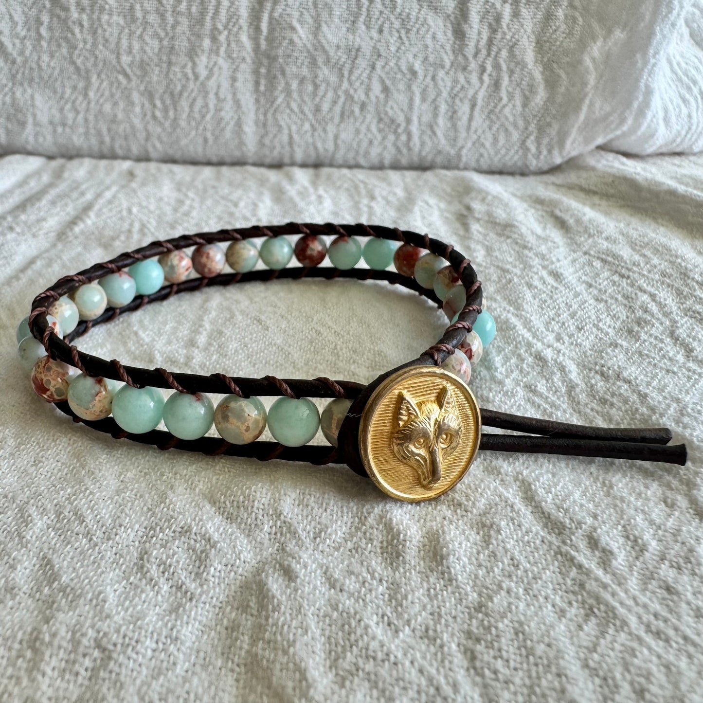 Leather Wrap Bracelet with Ocean Jasper & Brass Fox Button