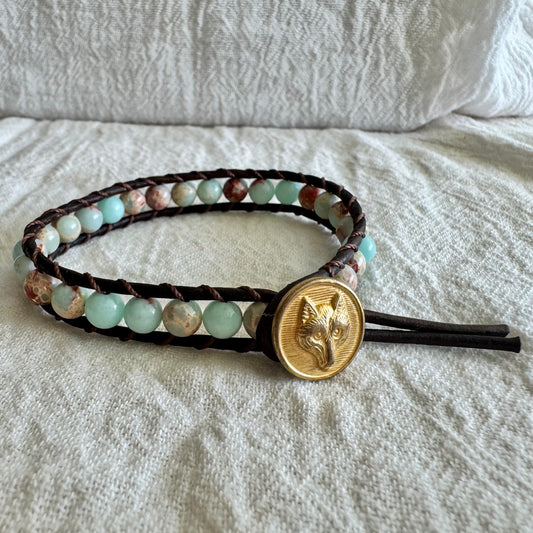 Leather Wrap Bracelet with Ocean Jasper & Brass Fox Button
