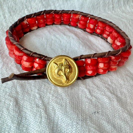Leather Wrap Bracelet with Red Bamboo Coral & Vintage Brass Fox Head Button