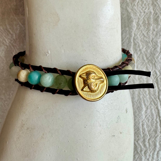 Leather Wrap Bracelet with Amazonite Jade & Brass Fox Head Button