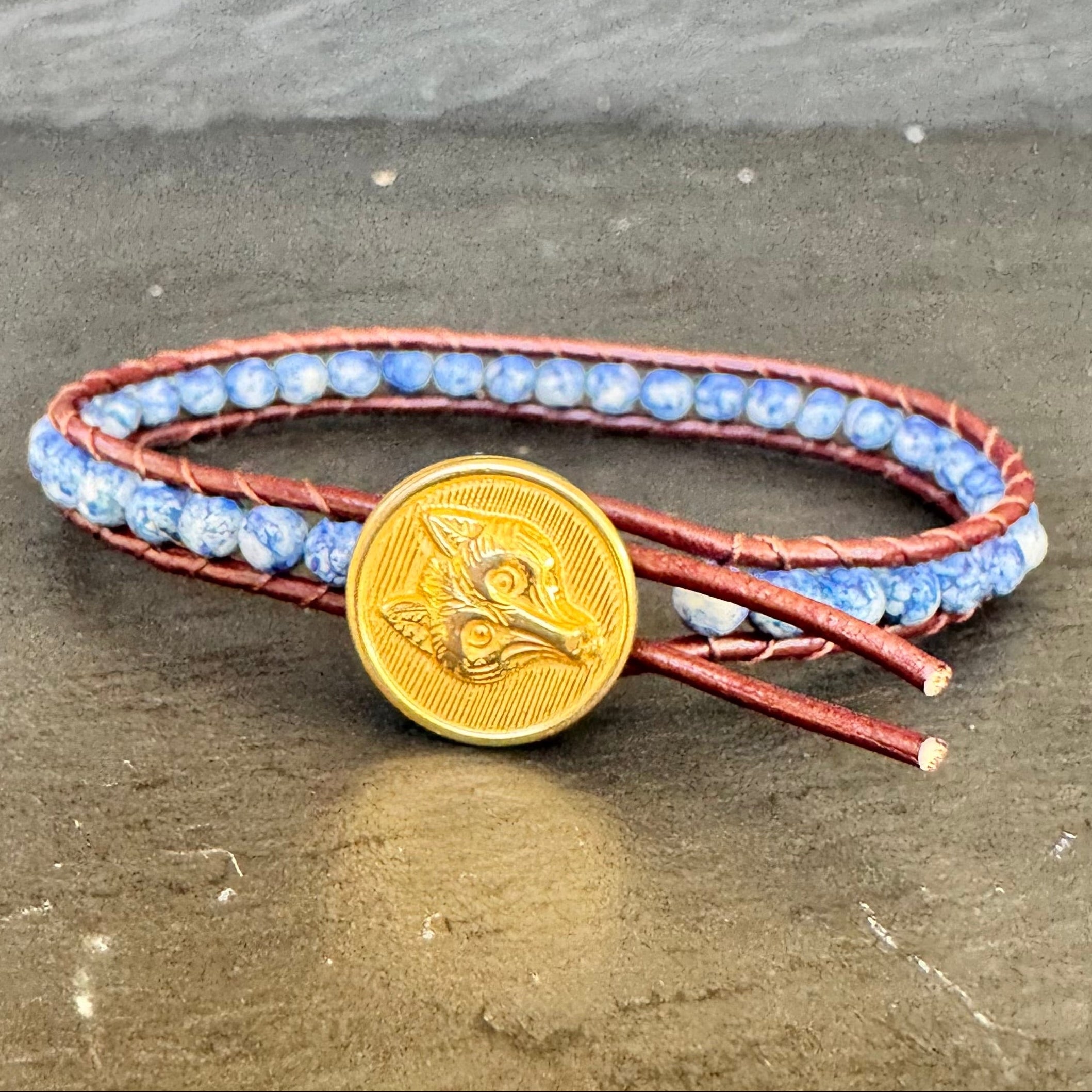 アクセサリー 90s Beauty:Beast Leather Wrap Bracelet Leather Wrap Bracelet with Blue Spot Jasper & Brass Fox Mask button