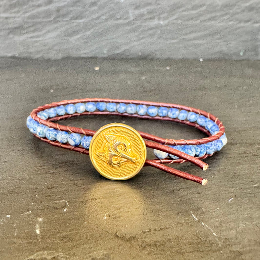 Leather Wrap Bracelet with Blue Spot Jasper & Brass Fox Mask button