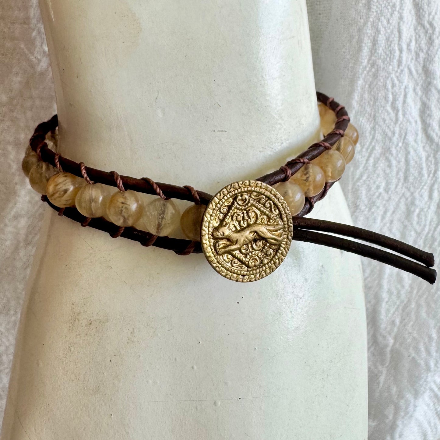 Leather Wrap Bracelet with Golden Quartz & Brass Running Hound