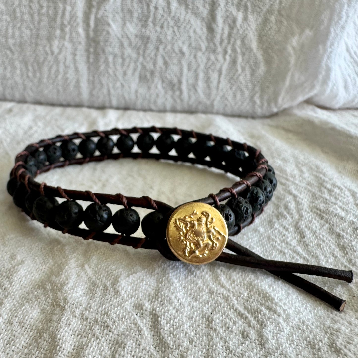 Leather Wrap Bracelet with Lava Rock & Brass Livery Button