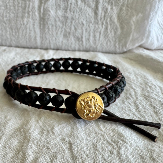Leather Wrap Bracelet with Lava Rock & Brass Livery Button