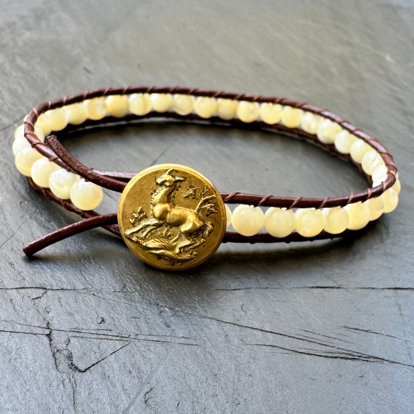 Leather Wrap Bracelet with Mother of Pearl & Brass Deer button