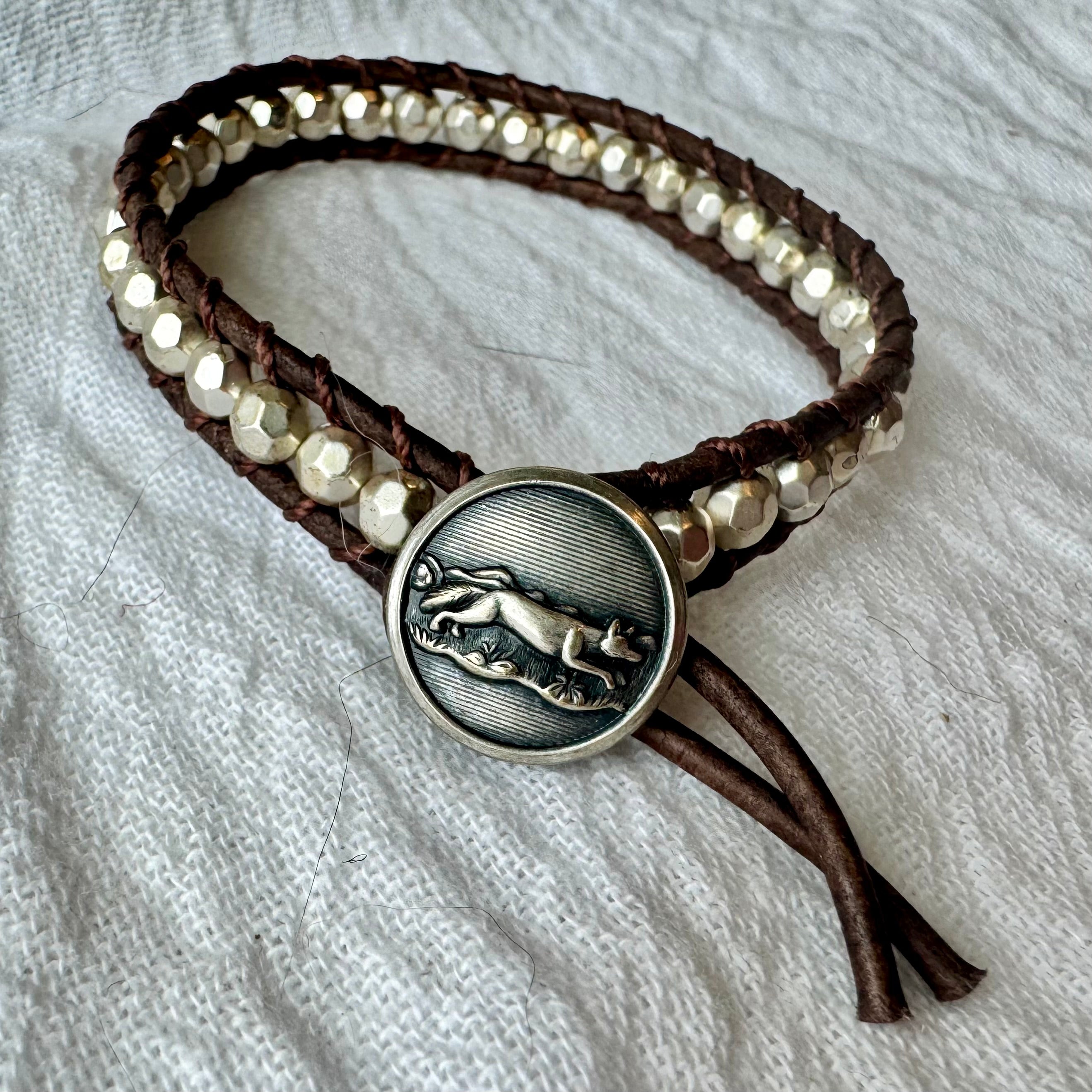 Leather Wrap Bracelet with Faceted Silver Beads & Vintage Silver Fox B