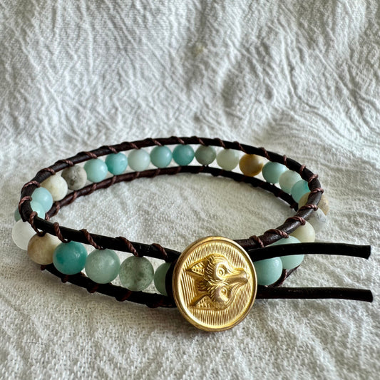Leather Wrap Bracelet with Amazonite Jade & Brass Fox Head Button