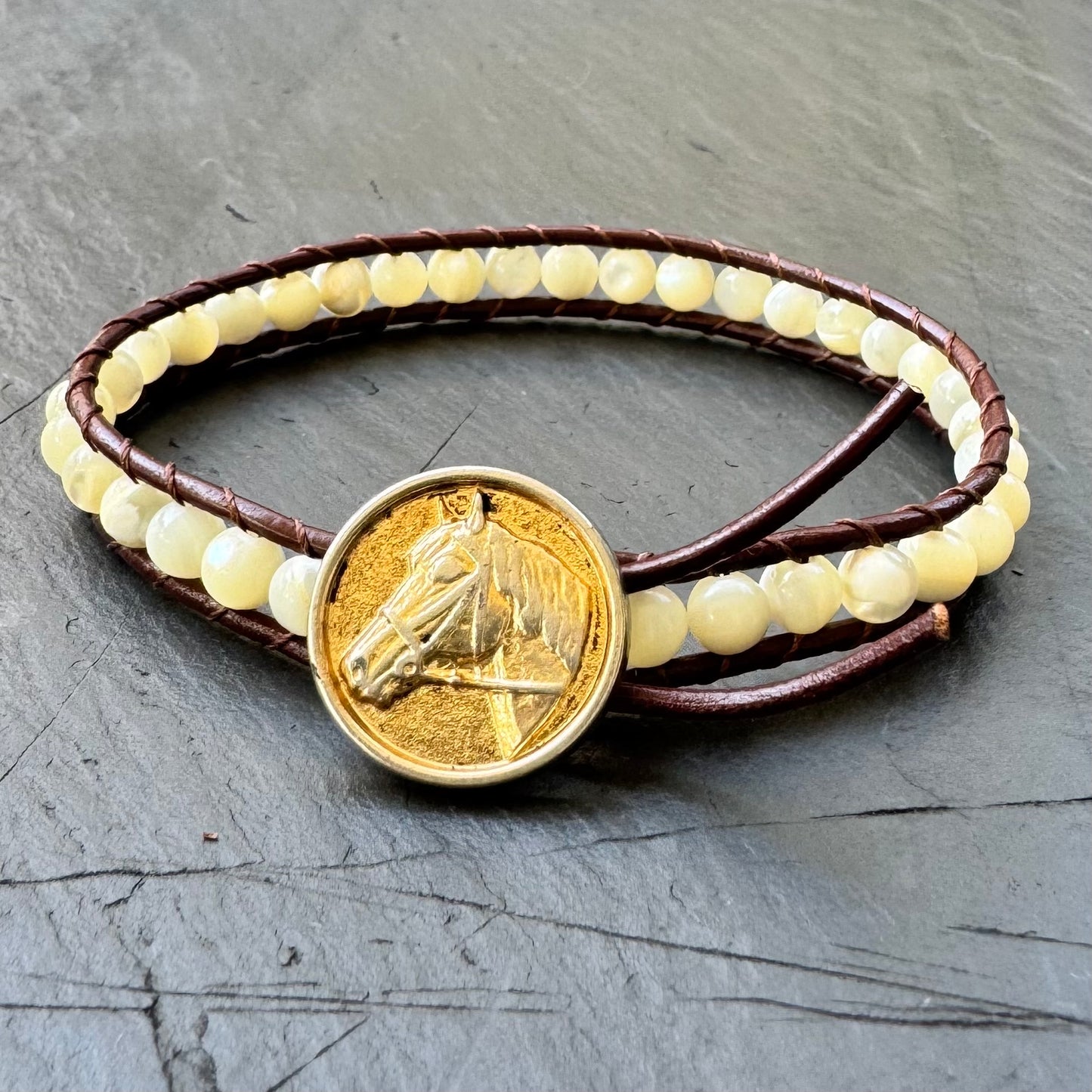 Leather Wrap Bracelet with Mother of Pearl & Brass Horse Head Button