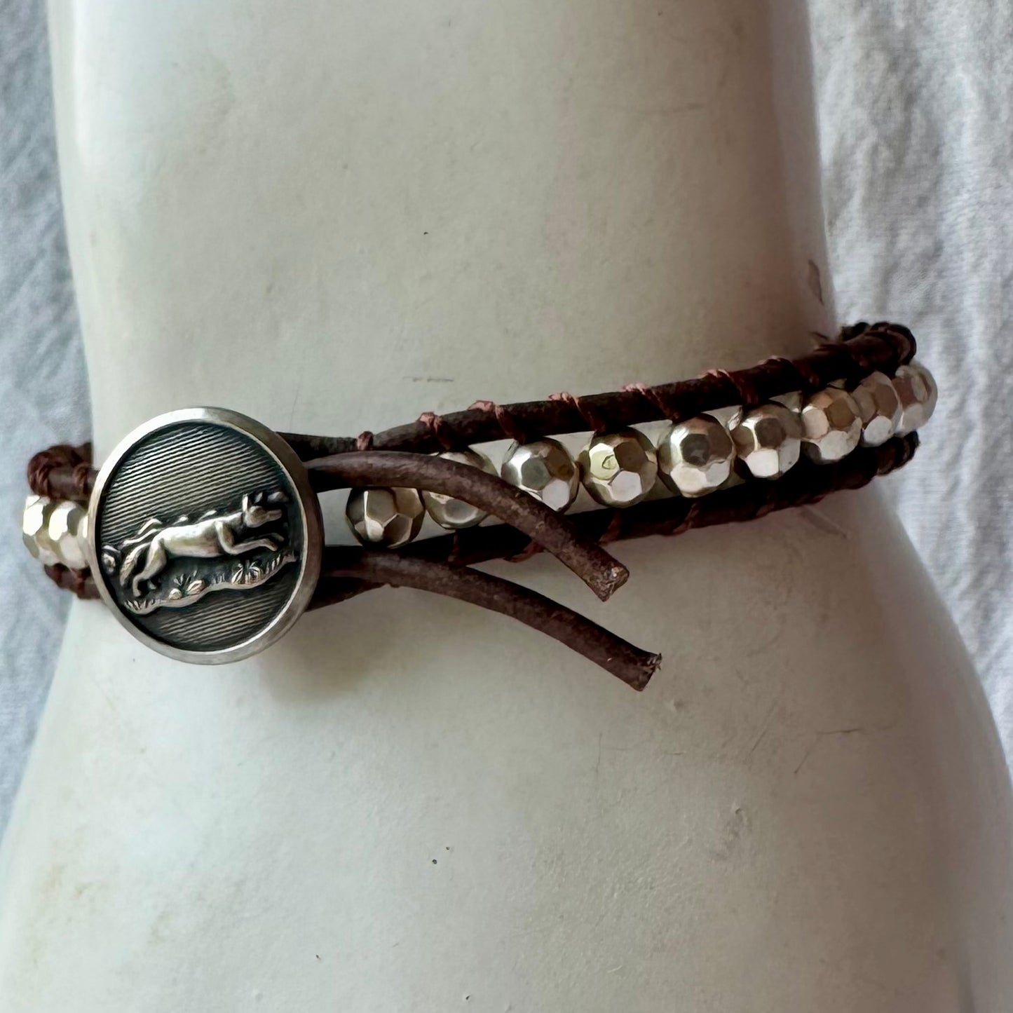Leather Wrap Bracelet with Faceted Silver Beads & Vintage Silver Fox Button