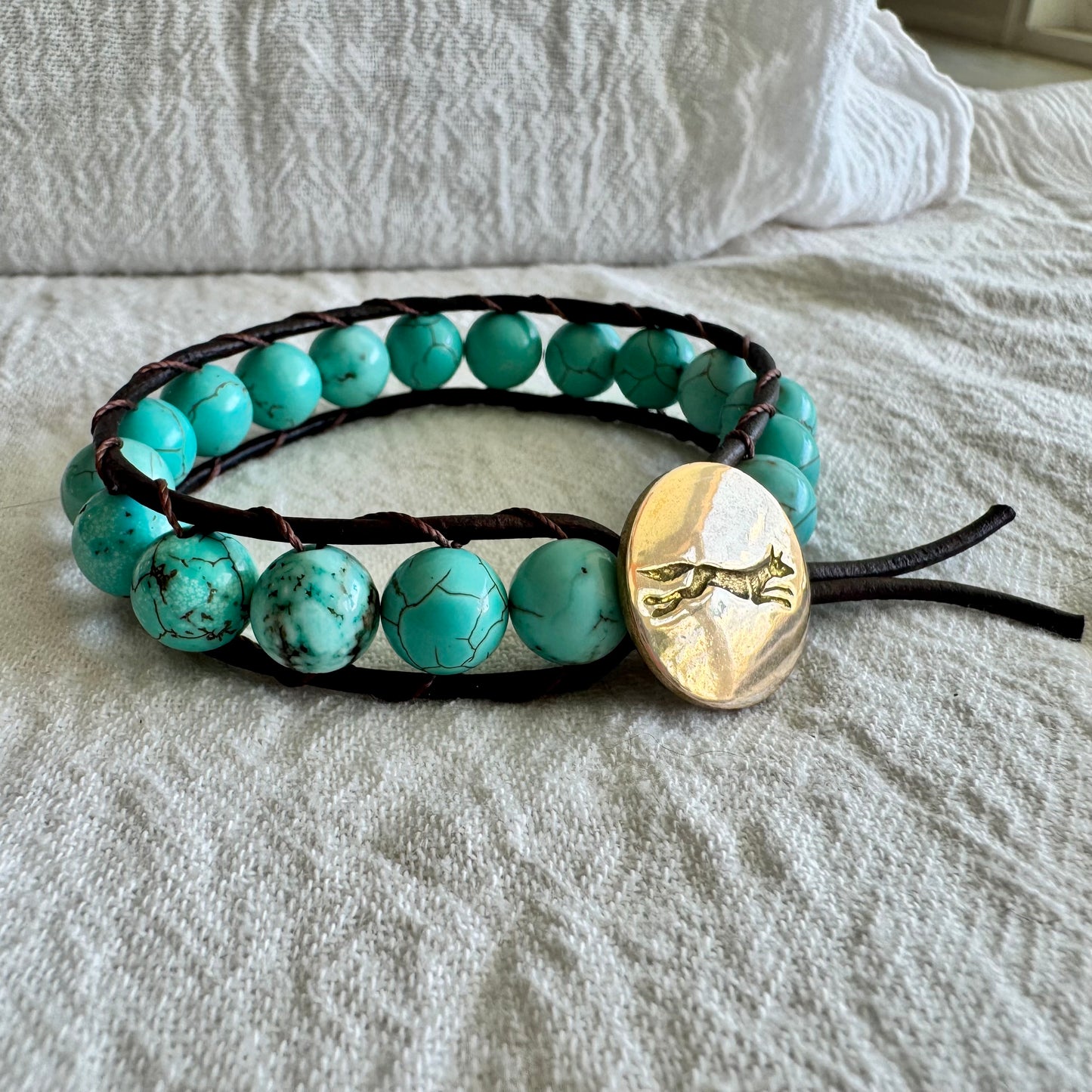 Leather Wrap Bracelet with Turquiose & Brass Fox Button