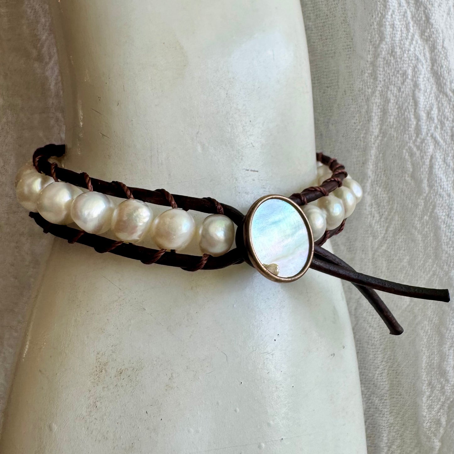 Leather Wrap Bracelet with White Fresh Water Pearls & Pearl Button