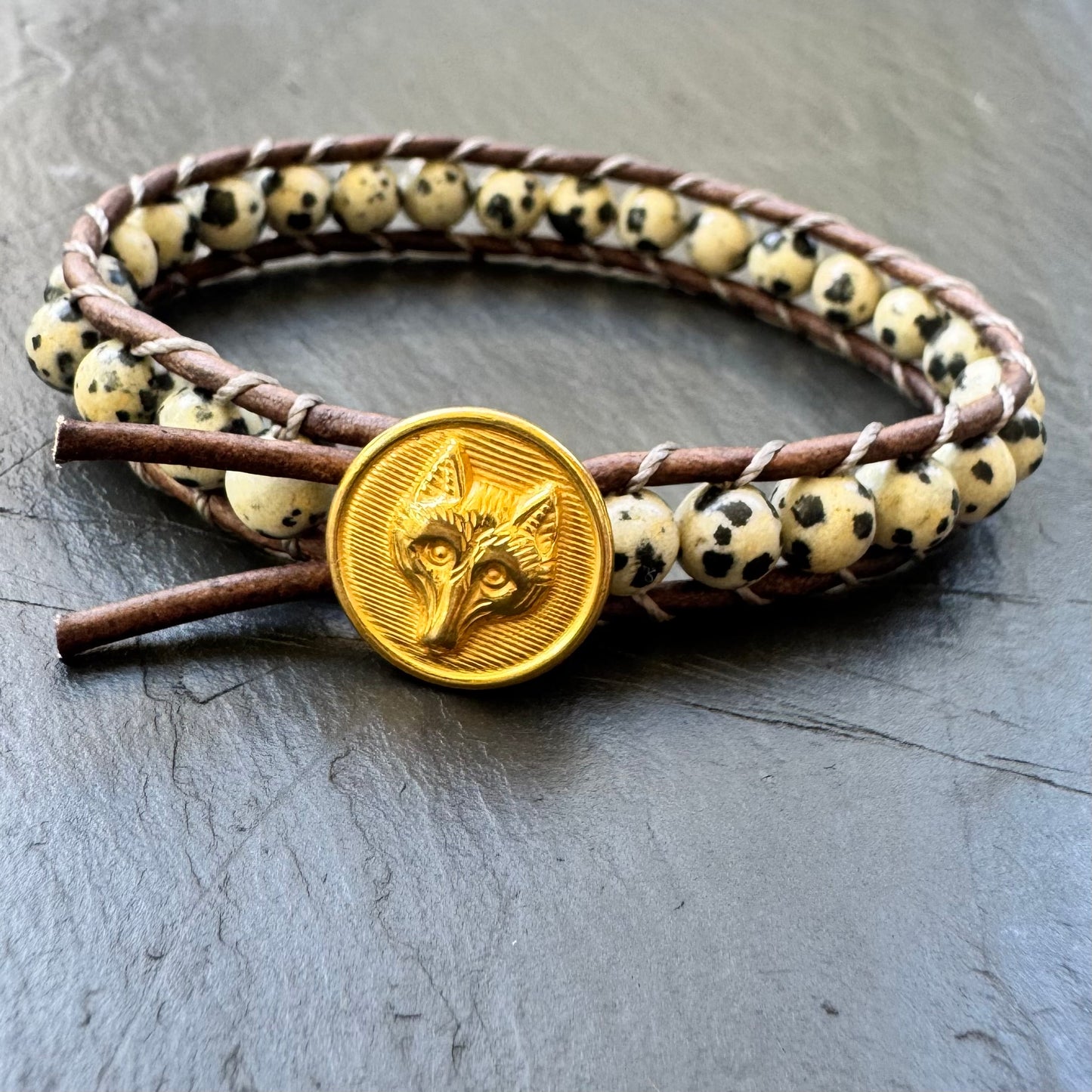 Leather Wrap Bracelet with Brass Fox Mask Button